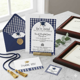 Navy Blue Gingham Plaid Arch Class of 2026 Invitation