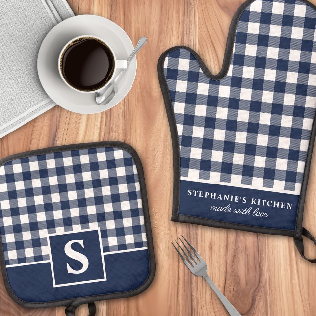 Navy Blue Gingham Plaid Checkered Monogrammed Oven Mitt & Pot Holder Set (Creator Uploaded)