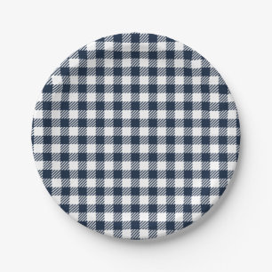 Navy Blue Gingham Plaid Paper Plates