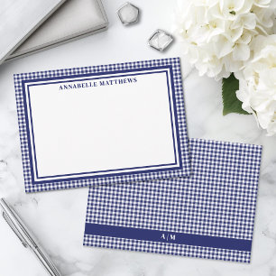 Navy Blue Gingham Plaid Personalized Note Card