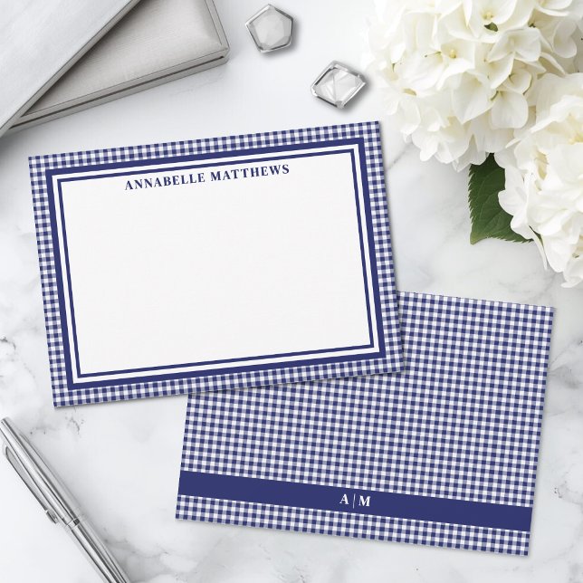 Navy Blue Gingham Plaid Personalized Note Card (Navy Blue Gingham Plaid Personalized Note Card)