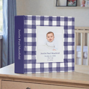 Navy Blue Gingham Watercolor Custom Baby Photos 3 Ring Binder