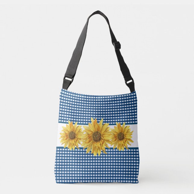 Navy Blue Gingham with Sunflowers Crossbody Bag (Front)