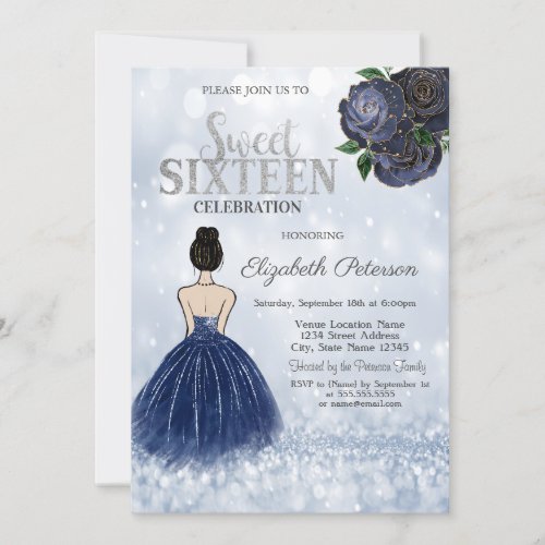 Navy Blue Girl Dress Glitter Bokeh Sweet 16  Invitation