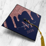 Navy Blue Girly Rose Gold Glitter Drips Monogram Graduation Cap Topper<br><div class="desc">Girly Navy Blue and Rose Gold Sparkle Glitter Drips Monogram Graduation Cap Topper with fashion faux blush pink/rose gold glitter drips on a chic background with your custom monogram and name. Please contact us at cedarandstring@gmail.com if you need assistance with the design or matching products.</div>