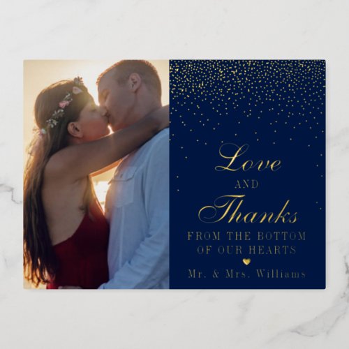 Navy Blue  Glam Confetti Wedding Photo Thank You Foil Invitation Postcard
