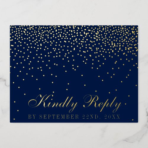 Navy Blue  Glam Confetti Wedding RSVP Real Foil Invitation Postcard