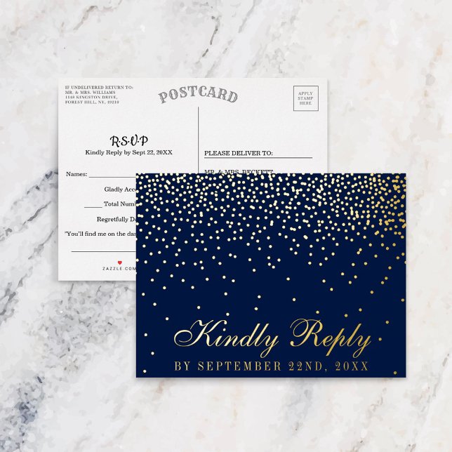 Navy Blue & Glam Confetti Wedding RSVP Real Foil Invitation Postcard (Creator Uploaded)