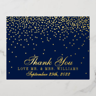Navy Blue & Glam Confetti Wedding Thank You Real Foil Invitation Postcard