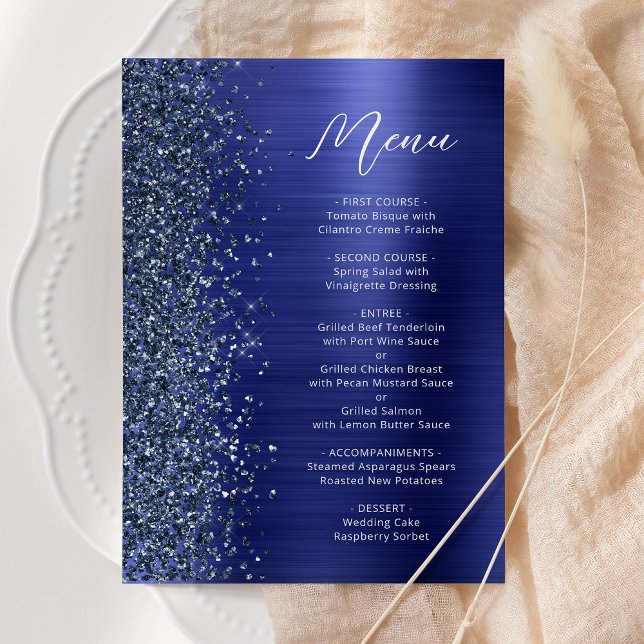 Navy Blue Glam Glitter Script Wedding Menu (Creator Uploaded)
