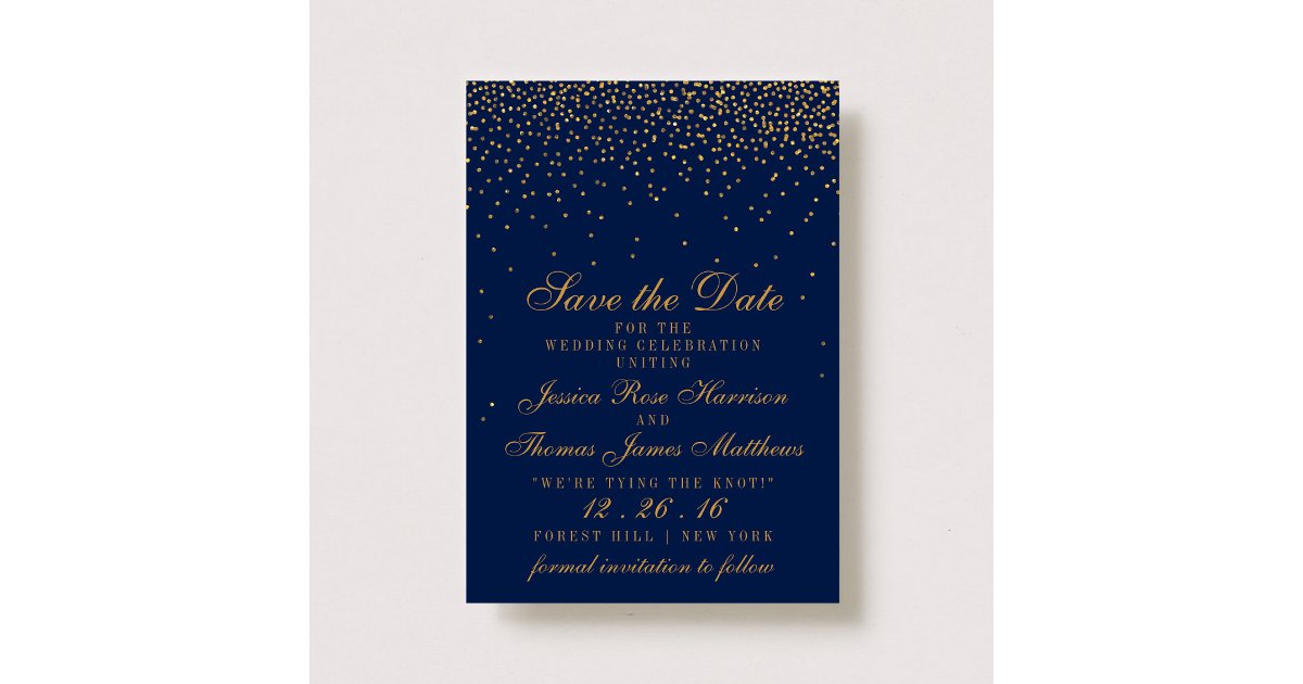 Navy Blue & Glam Gold Confetti Save The Date | Zazzle