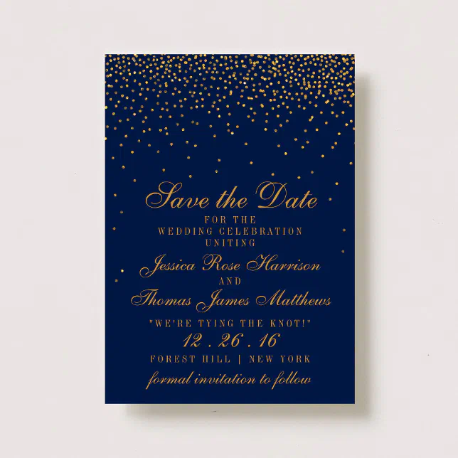 Navy Blue & Glam Gold Confetti Save The Date | Zazzle