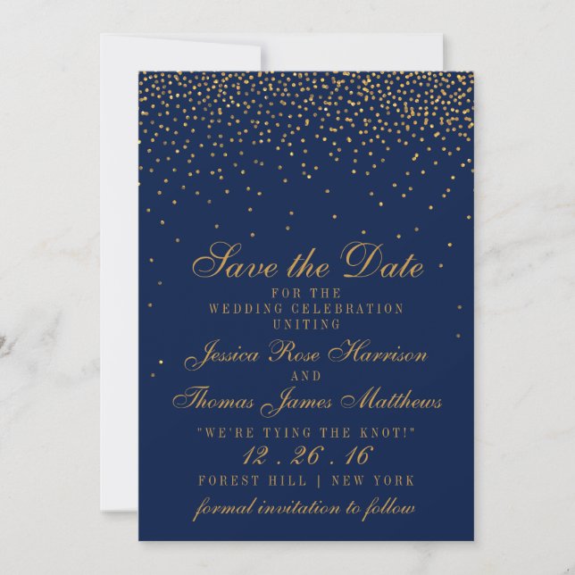 Navy Blue & Glam Gold Confetti Save The Date (Front)