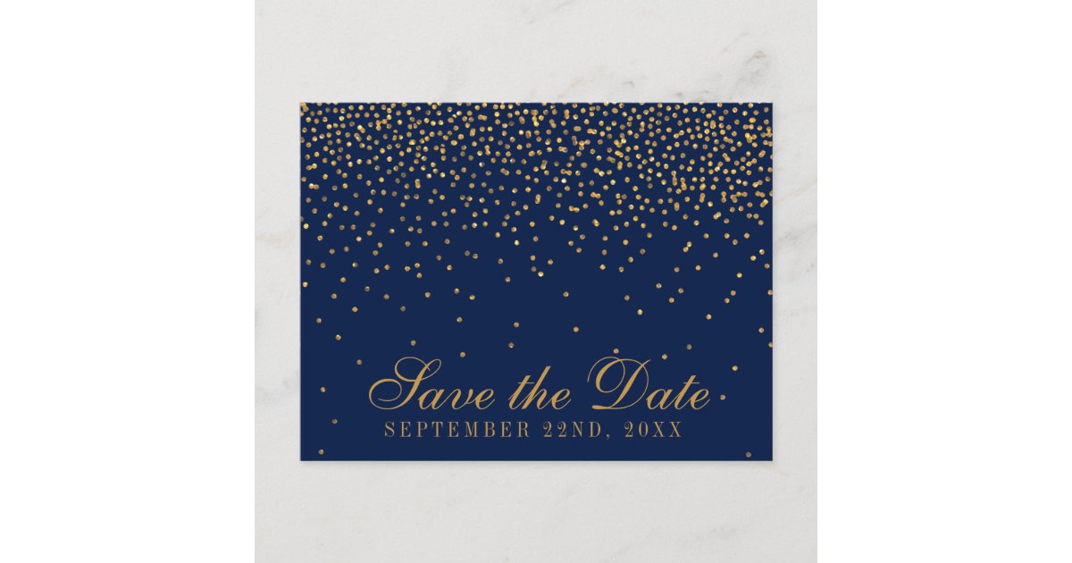 Navy Blue & Glam Gold Confetti Save The Date Announcement Postcard | Zazzle
