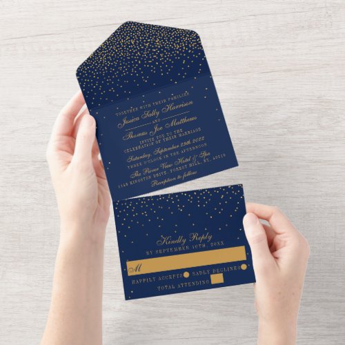 Navy Blue  Glam Gold Confetti Wedding All In One Invitation