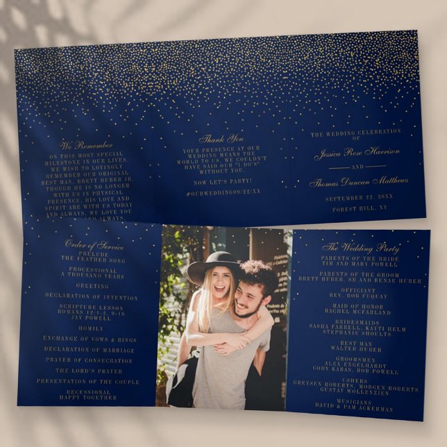 Navy Blue & Glam Gold Confetti Wedding Collection Tri-Fold Program (Creator Uploaded)
