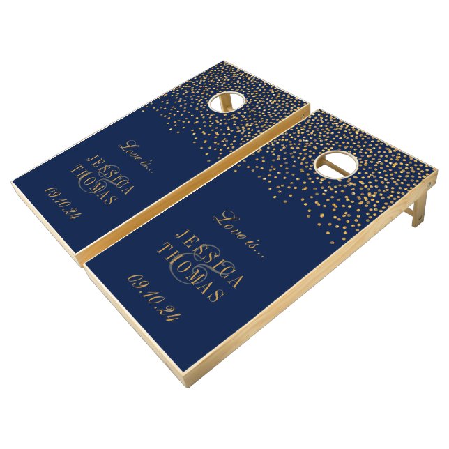 Navy Blue & Glam Gold Confetti Wedding Cornhole Set (Angled)
