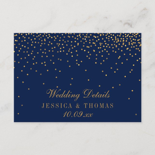 Navy Blue & Glam Gold Confetti Wedding Detail Enclosure Card (Front)