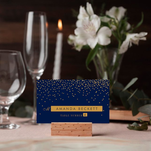 Navy Blue & Glam Gold Confetti Wedding Escort Card (Creator Uploaded)