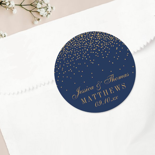 Navy Blue & Glam Gold Confetti Wedding Favor Classic Round Sticker (Creator Uploaded)