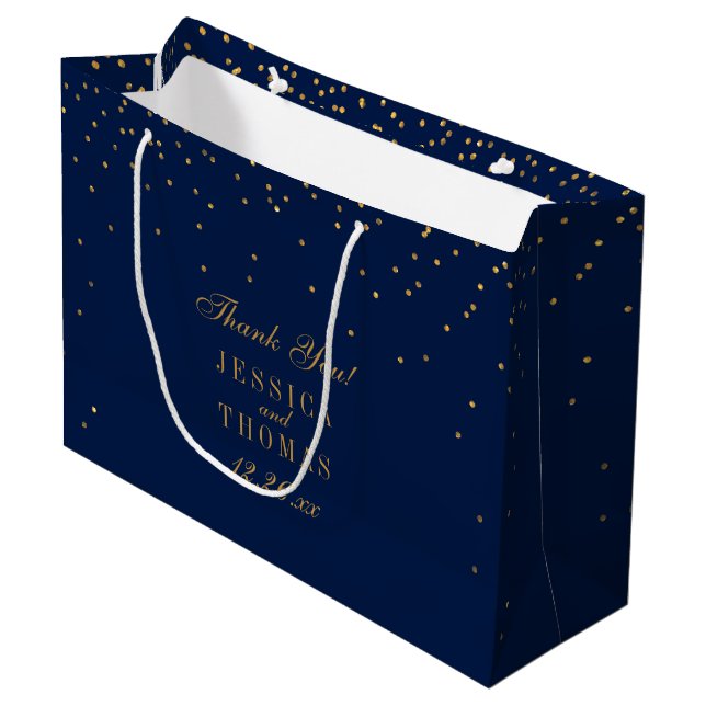 Navy Blue & Glam Gold Confetti Wedding Favor Large Gift Bag (Front Angled)