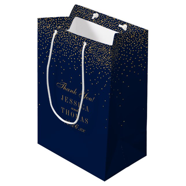 Navy Blue & Glam Gold Confetti Wedding Favor Medium Gift Bag (Front Angled)