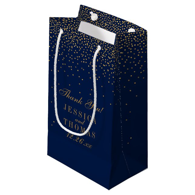Navy Blue & Glam Gold Confetti Wedding Favor Small Gift Bag (Front Angled)