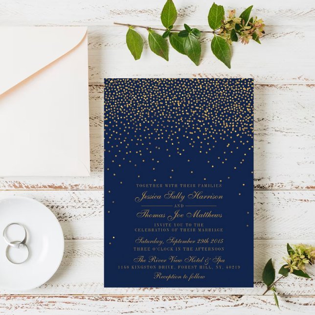 Navy Blue & Glam Gold Confetti Wedding Invitation (Creator Uploaded)