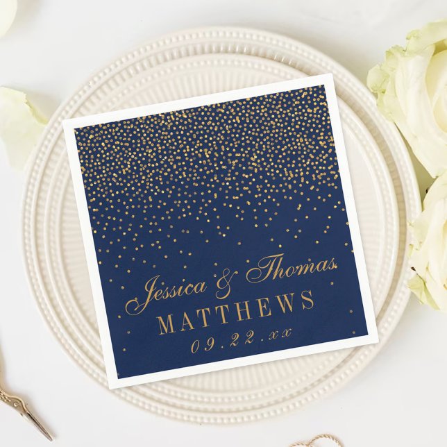 Navy Blue & Glam Gold Confetti Wedding Napkins (Creator Uploaded)