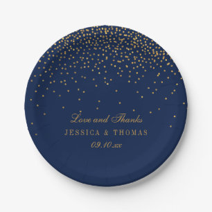 Navy Blue & Glam Gold Confetti Wedding Paper Plates