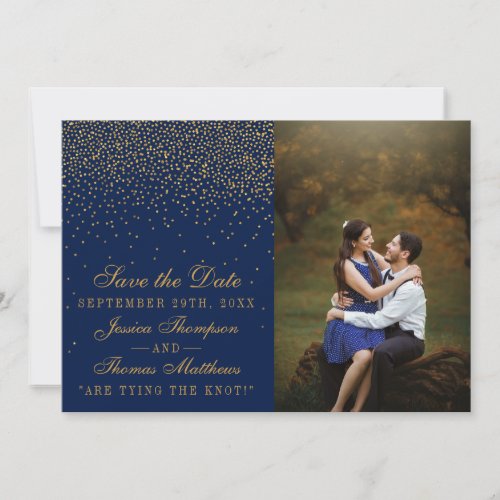 Navy Blue  Glam Gold Confetti Wedding Photo Save The Date