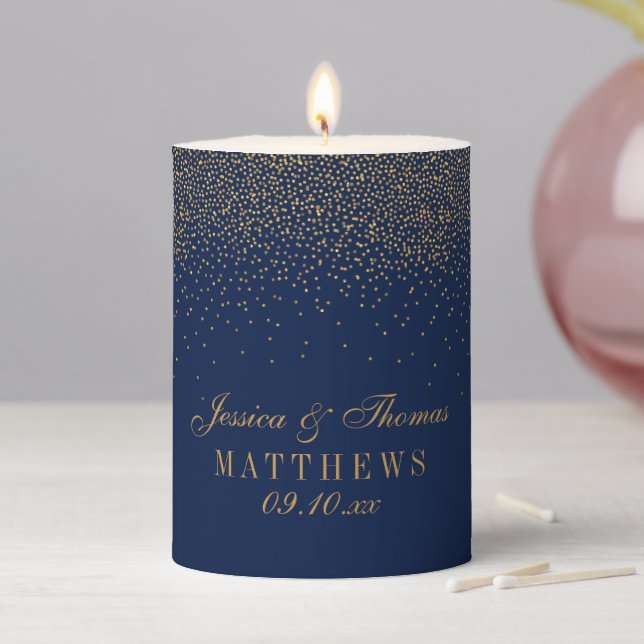 Navy Blue & Glam Gold Confetti Wedding Pillar Candle (In Situ)