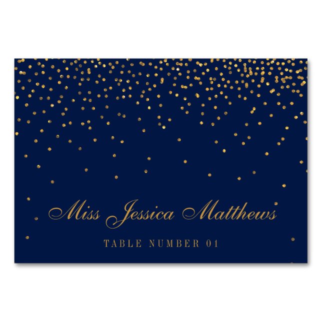 Navy Blue & Glam Gold Confetti Wedding Place Cards (Front)
