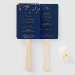 Navy Blue & Glam Gold Confetti Wedding Program Hand Fan