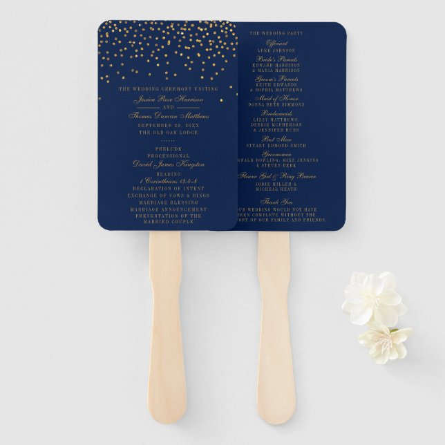 Navy Blue & Glam Gold Confetti Wedding Program Hand Fan (Front and Back)