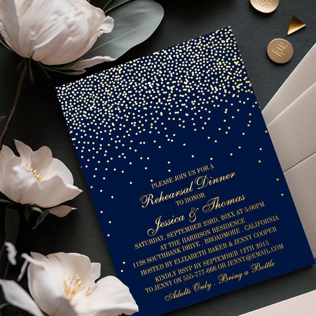 Navy Blue & Glam Gold Confetti Wedding Rehearsal Foil Invitation (Creator Uploaded)