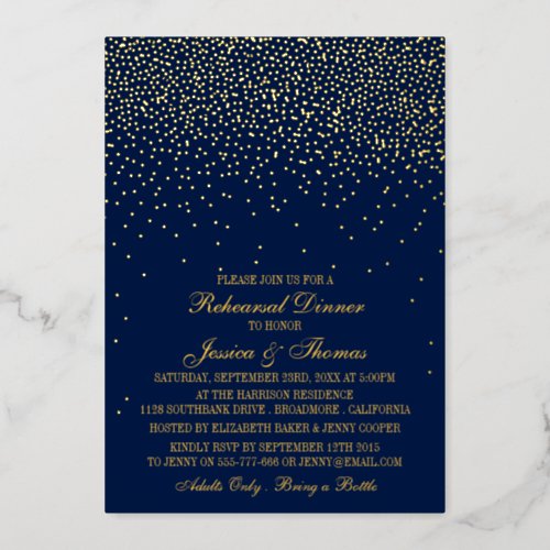 Navy Blue  Glam Gold Confetti Wedding Rehearsal Foil Invitation