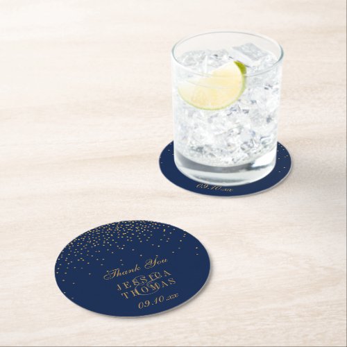 Navy Blue & Glam Gold Confetti Wedding Round Paper Coaster