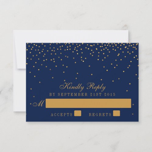 Navy Blue  Glam Gold Confetti Wedding RSVP