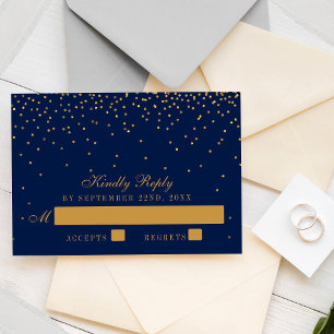Navy Blue & Glam Gold Confetti Wedding RSVP Card