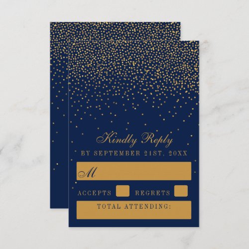 Navy Blue  Glam Gold Confetti Wedding RSVP Card