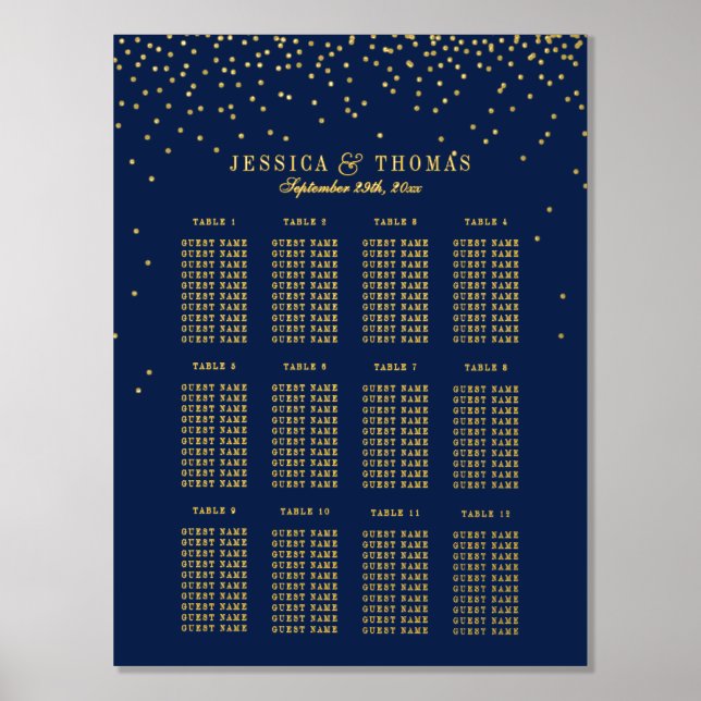 Navy Blue & Glam Gold Confetti Wedding Seating Foil Prints (Front)