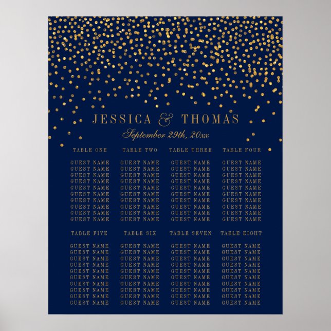 Navy Blue & Glam Gold Confetti Wedding Seating Poster (Front)