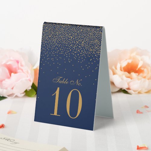 Navy Blue  Glam Gold Confetti Wedding Table No Table Tent Sign