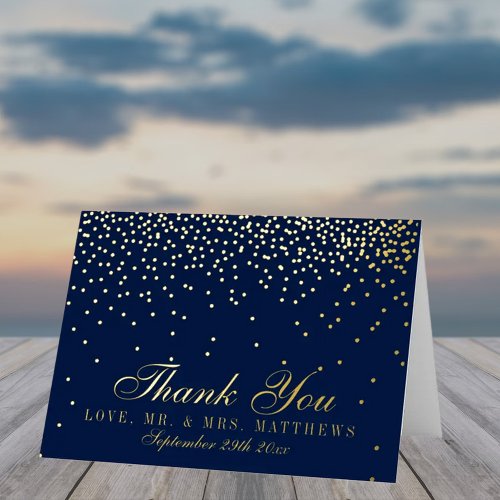 Navy Blue  Glam Gold Confetti Wedding Thank You Foil Greeting Card