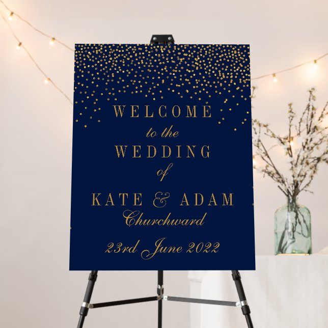 Navy Blue & Glam Gold Confetti Wedding Welcome Foam Board (In Situ (Stand))