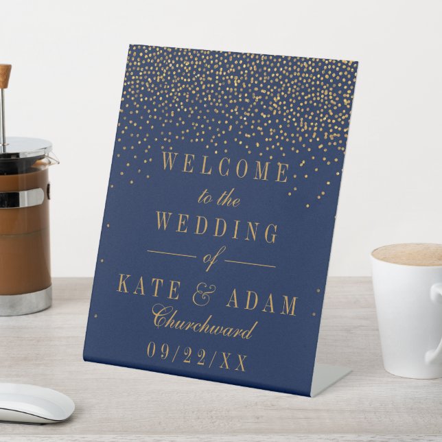 Navy Blue & Glam Gold Confetti Wedding Welcome Pedestal Sign (In SItu)