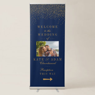 Navy Blue & Glam Gold Confetti Wedding Welcome Retractable Banner