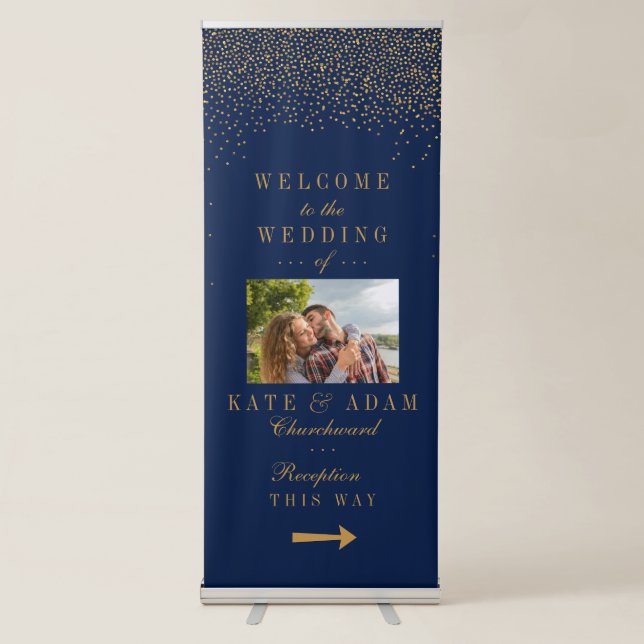 Navy Blue & Glam Gold Confetti Wedding Welcome Retractable Banner (Front)