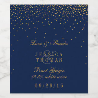Navy Blue & Glam Gold Confetti Wedding Wine Bottle Wine Label